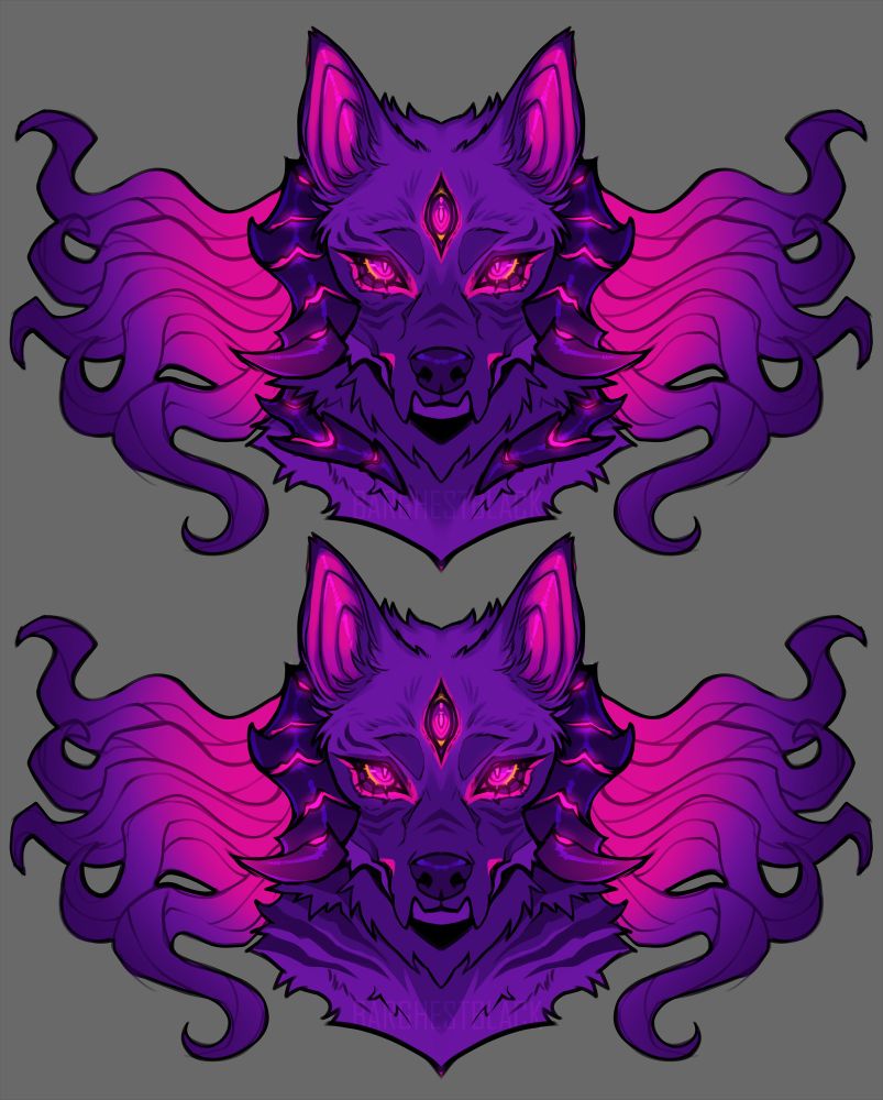 Two bust concepts of a purple wolf with three pink eyes, curved horns and pink-purple wavy hair. The top version has an additional "horn" like collar, the bottom has stripes on the neck instead.