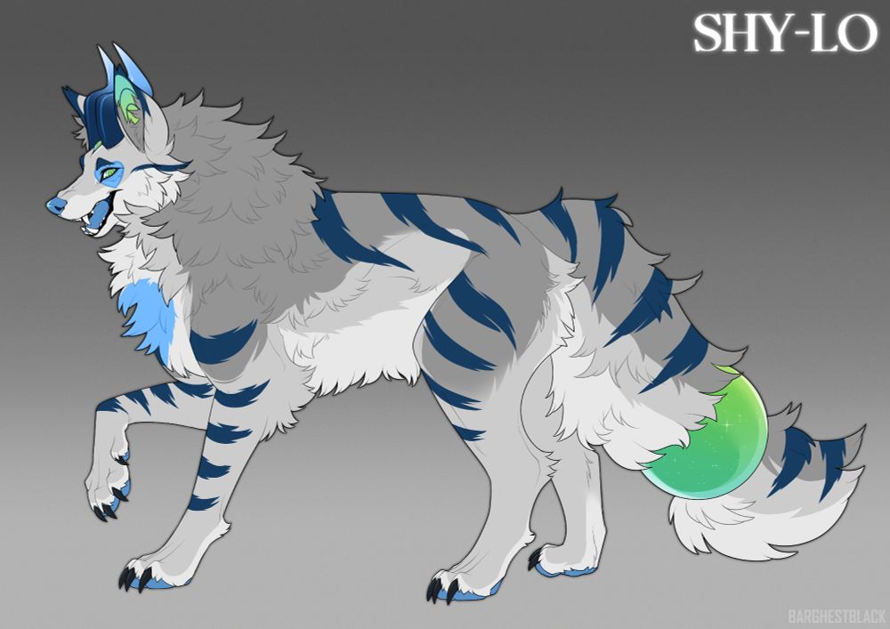 A barghest design concept; a large wolf with gray fur, dark blue stripes, a heart on their chest and over their left eye. They've got two horns on top of their head that curve back and up. On their tail is a green-blue tail orb. The name "Shy-Lo" in the top right corner.