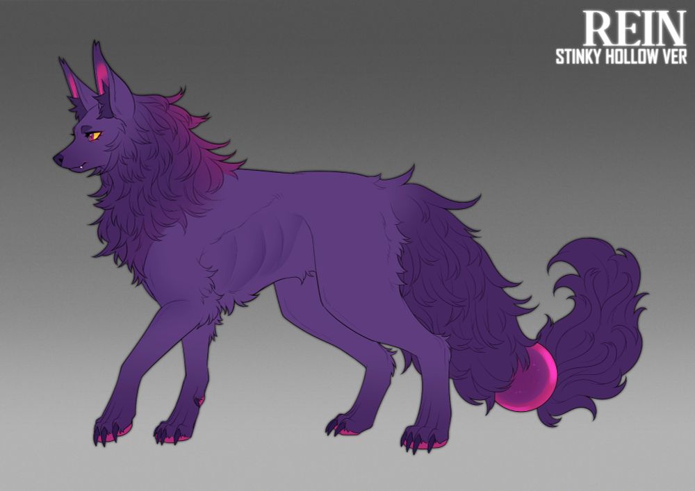 Reference of a dark purple wolf with pink eyes, paw pads and inner ears. She also has a large pink bead on her tail.
