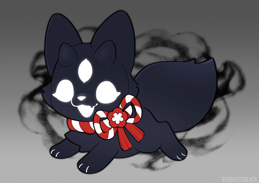 Black shadow puppy with a braided rope collar that's red and white, it is tied into a bow with a little flower on it. Her eyes, nose and mouth are glowing white