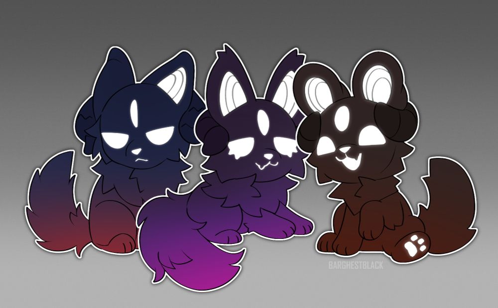 Illustration of three shadow puppies with glowing three eyes, inner ears, nose and mouth. Left most looks a little angry and is dark blue and red, middle is laying down with sad eyes and is black, purple and pink and the right most is sitting happily and is dark gray and orangey-red