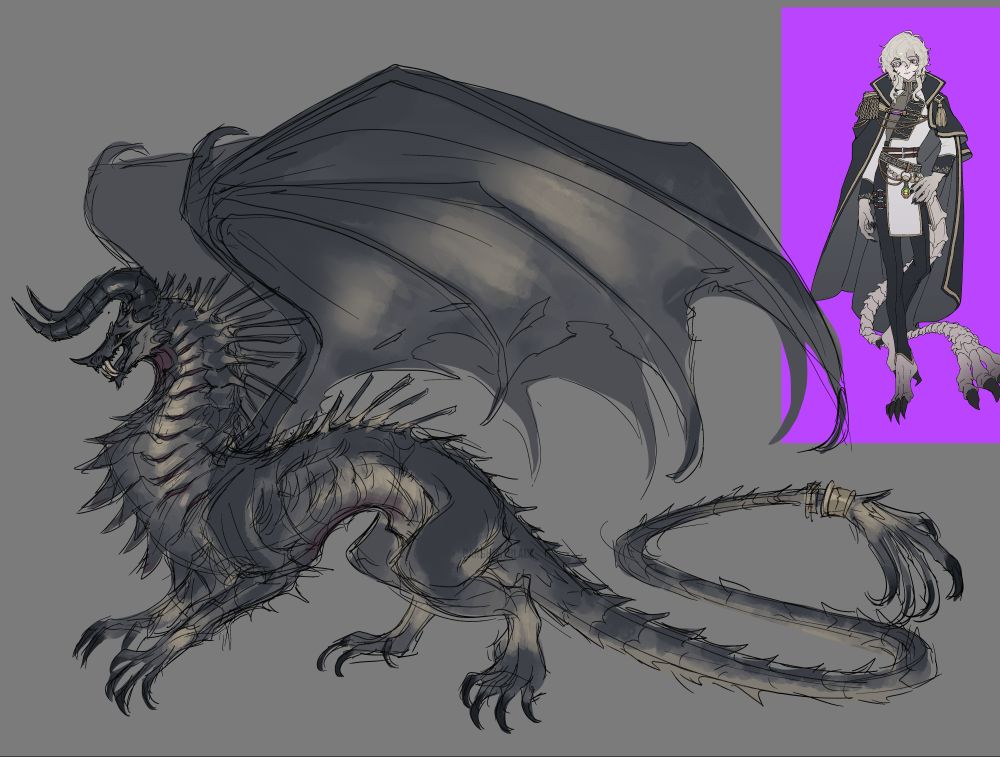Rough concept of a dragon referencing a human design with dark grays, off-whites and reds