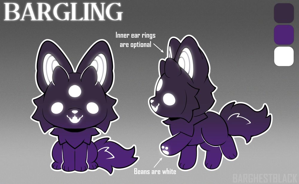 Shadow puppy design with three eyes and little nubby horns. Their eyes, nose, mouth, inner ears and paws are white and glowy