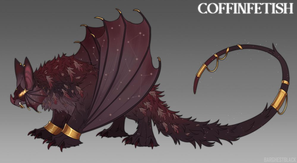 Large bat monster with red and brown tones, golden jewelry and glowing eyes 