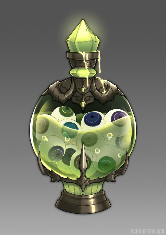 Globe shaped bottle filled with barghest eyeballs. The cap is a green crystal and green liquid is dripping from it.