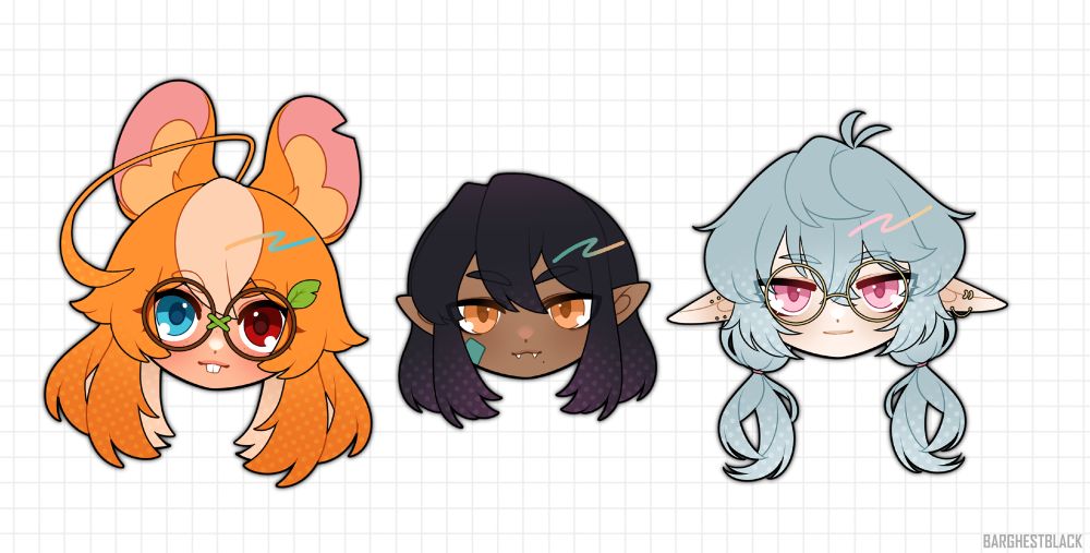 Chibi head of a kemonomimi squirrel with orange hair and blue - red eyes, a kemonomimi dino man with black hair and gold eyes, and elf-like human with light blue twin tails and pink eyes