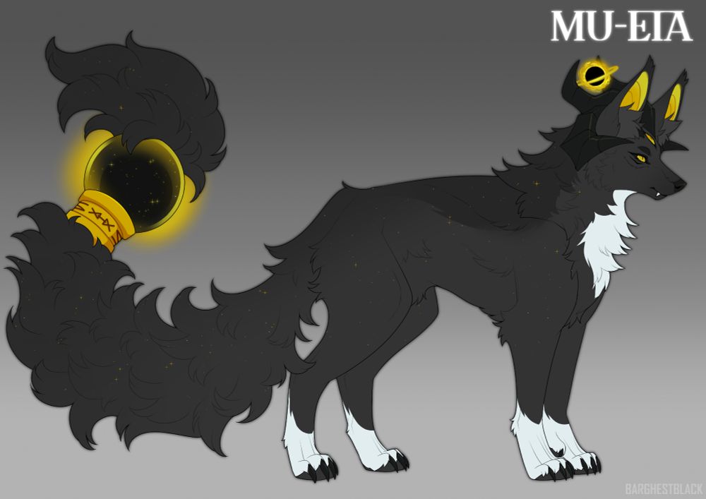 Reference of a black wolf barghest with a solar eclipse-like orb and bracer on it's tail. They have a set of four horns and a small solar eclipse planet floating between the horns.