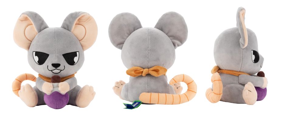 Physical plush of the same gray rat plushie with an orange bandana and purple potion