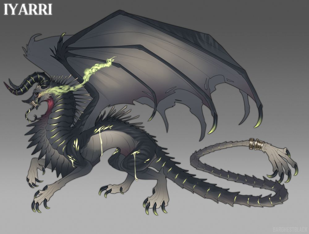 Reference for a dark gray and off white plague dragon with green glowing slits throughout his body. He has long spines down his back and a claw at the end of his tail.