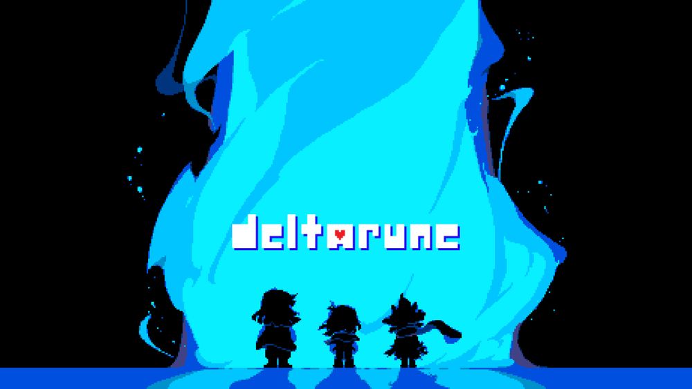Artwork from Deltarune of Susie, Kris and Ralsei in front of one of the dark fountain