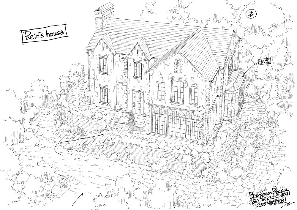 Concept of a two story chateau on a higher elevation with many trees and bushes surrounding it. There's an attached greenhouse to the right of the house.
