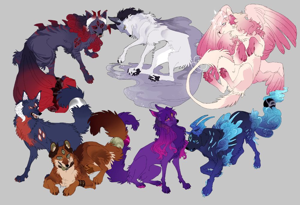 Drawing of seven different canine OCs; A dark gray and red monstrous barghest with three tails and four horns, a light gray wolf with mist-like tail, a pastel pink angel dog with four wings, a dark blue great pyrenees-like barghest, a purple wolf barghest with wavy purple-pink hair, a dhole-like barghest that is a reddish-brown, and another wolf barghest that's dark blue and red