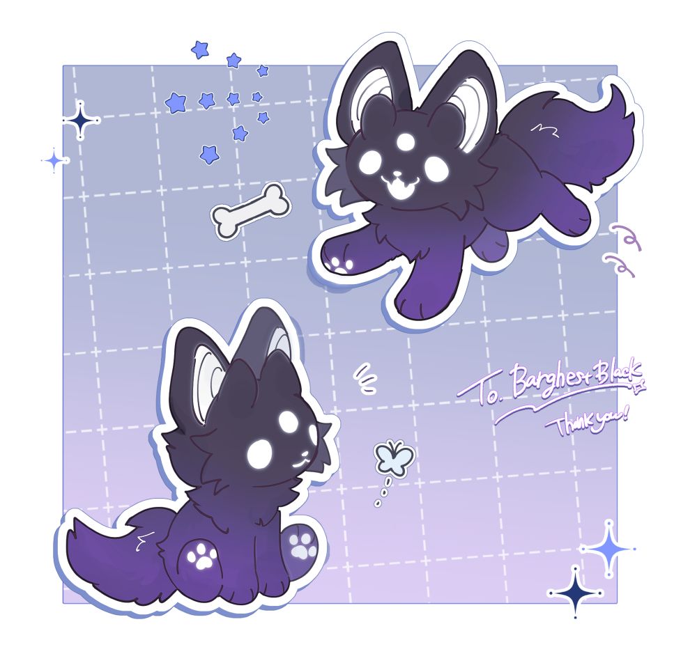 Two chibi illustrations of a black and purple shadow puppy with little nubby horns and three glowing white eyes and mouth