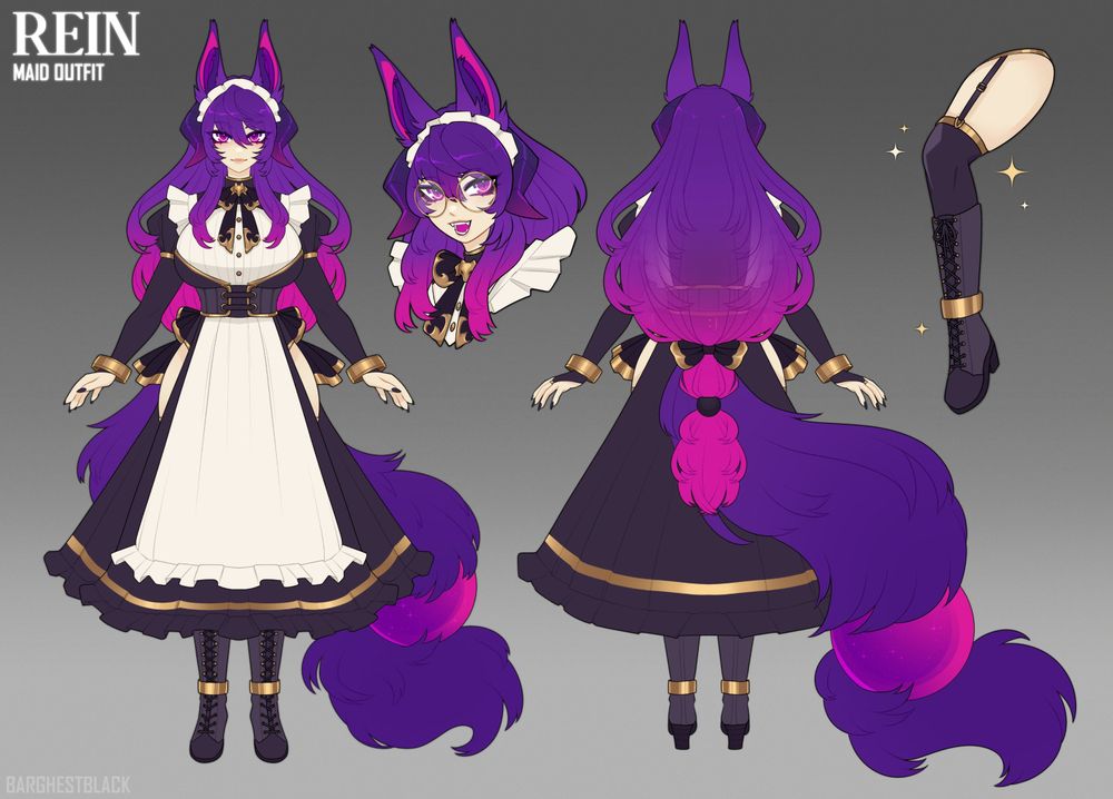 Reference sheet of a purple and pink haired kemonomimi barghest woman with a long maid dress with open thigh slits. She has a long purple wolf tail with a pink tail orb.