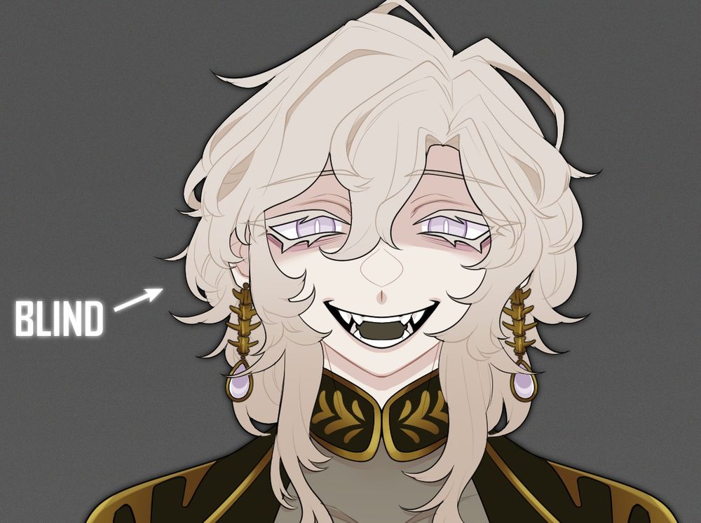Close up of the same character, blonde hair, large toothy smile and light purple blind eyes