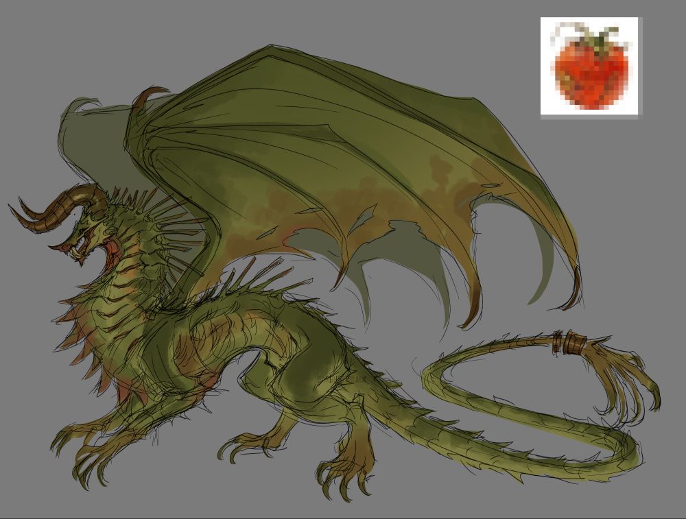 Rough concept of a dragon referencing a rotten tomato's greens and reds.