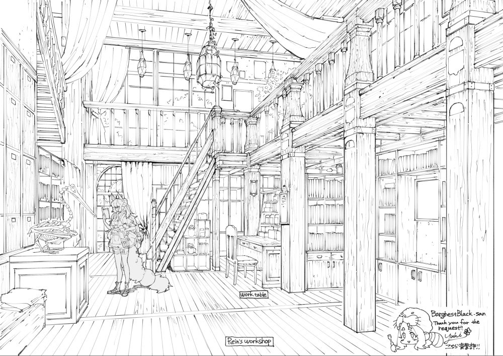 Concept of a large open two story room with many books, storage, and workbench. Rein is standing reading a book. There's also a pelican skeleton on a pedestal.