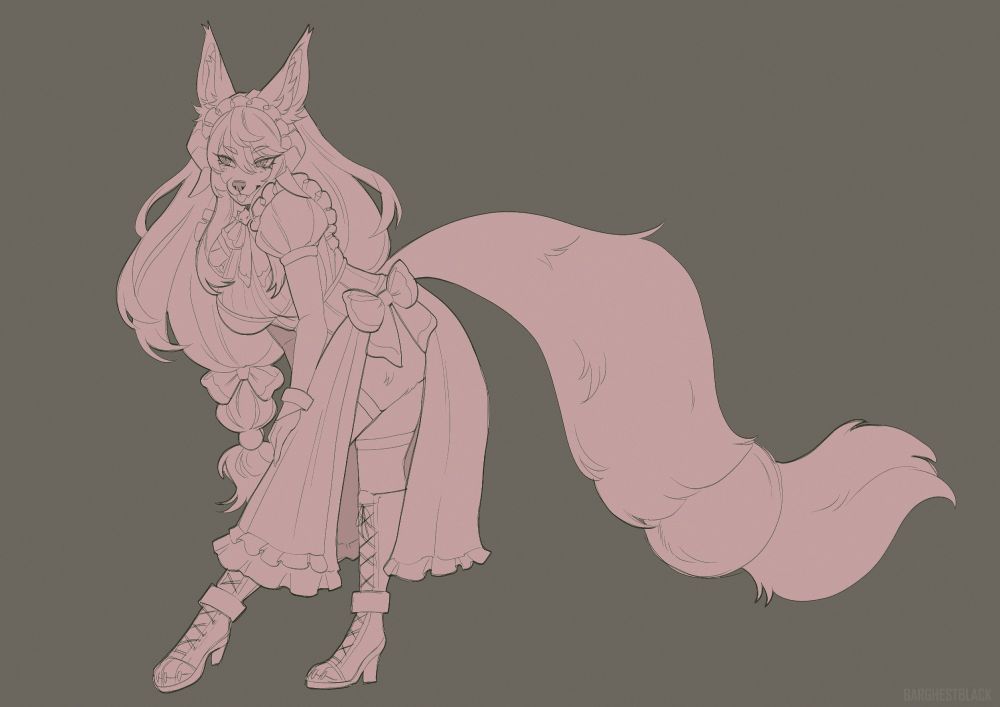 Sketch of a furry wolf girl in a maid dress posing with her left leg stretched out and she's bending over in a flirty manner