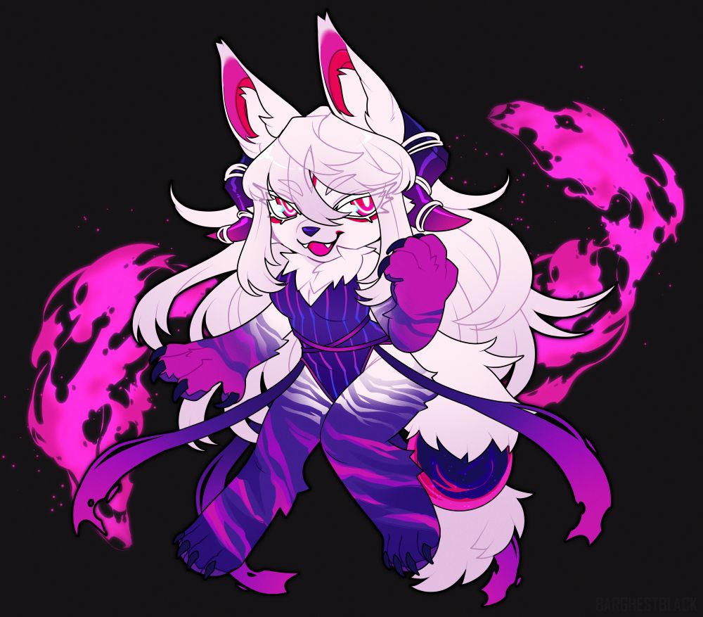 Semi chibi illustration of Furry Alter Rein (OC), a white furred barghest with purple-pink stripped legs and arms