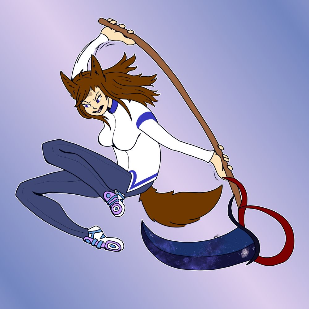 Digital art of a girl with brown hair, blue jeans, brown tail, and a white shirt jumping in an exaggerated swing. 

Attack Link: https://artfight.net/attack/11548580.violent-swing
Character: https://artfight.net/character/1802942.rosey
Target: https://artfight.net/~SinLigereep