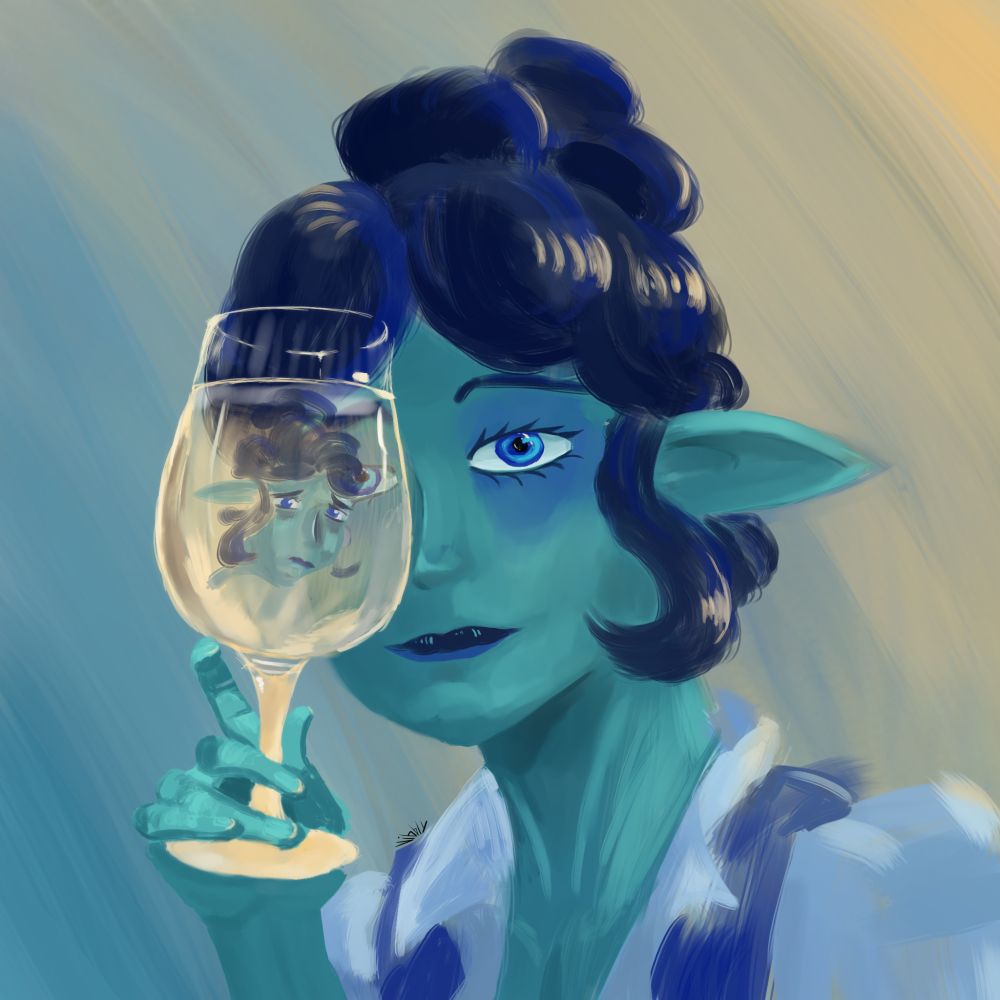 A blue skinned water genesi with pointy ears and curly hair gives a soft smile as she holds up a glass of wine for a toast. The wine obscures one of her eyes, and in the wineglass the reflection shows her frowning.

#dnd #genesi #wine #digitalart #digitalpainting

Owner: https://artfight.net/~MelodyMSG @Melodymsg.com
Character: https://artfight.net/character/6903138.miss-amelia-marshal
Attack:  https://artfight.net/attack/12230373.drowning-sorrows