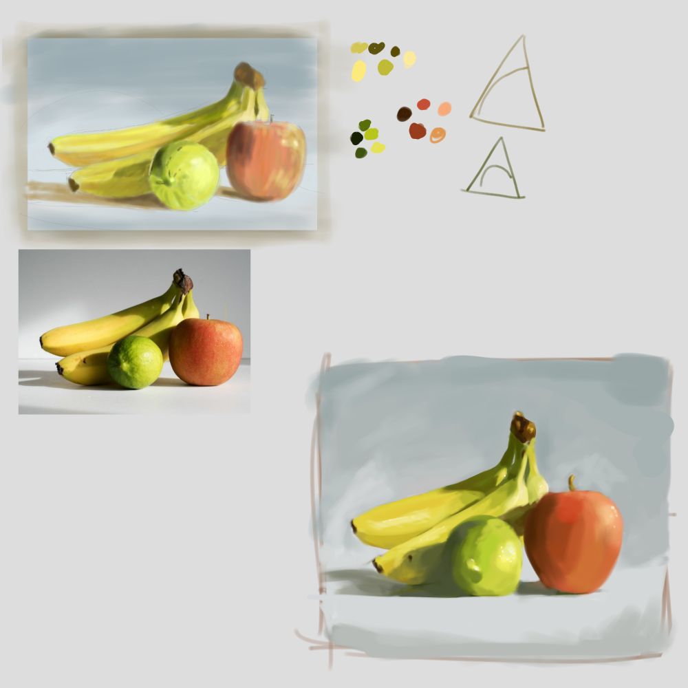 Drawpile shared canvas featuring a picture of a bunch of bananas behind a lime and an apple, and then two painted attempts of a still life study.