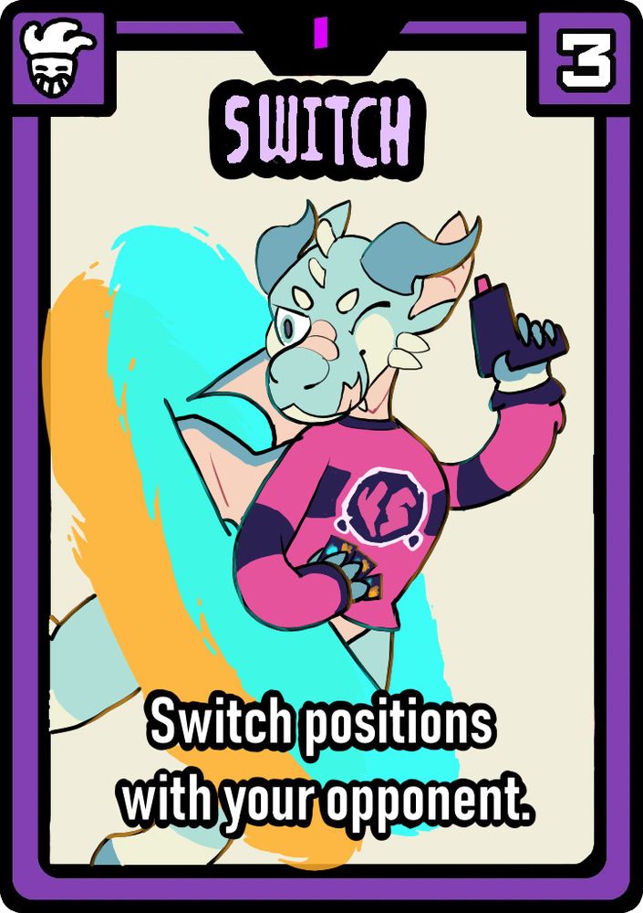 A friends vs friends card that's purple, costing 3 deck space. The card is called "Switch" and the effect is "Switch positions with your opponent." The card art shows a light blue dragon wearing a sweater with the Friends vs Friends logo hopping into an orange portal and out of a cyan portal. 