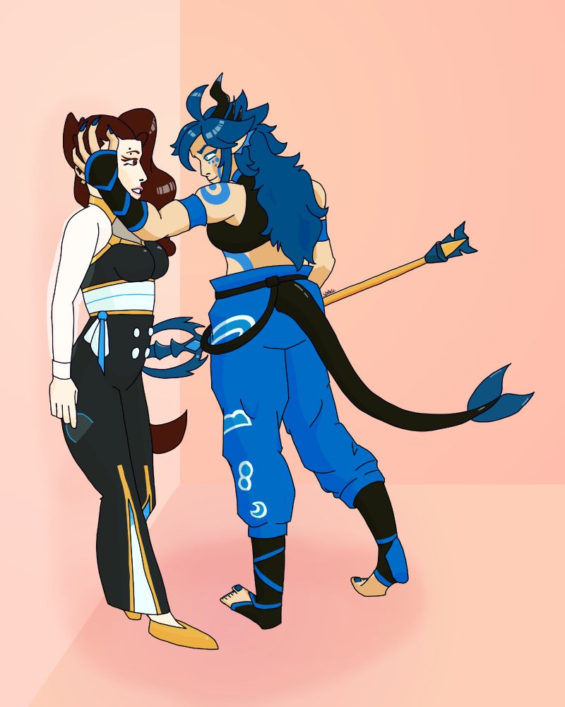 A scientist with brown hair with back against the wall, her legs leaning, looking as a dragon man leans in towards her with a hand on her head. The dragon man is holding a trident. Their eyes are looking into each other. 

Characters: https://artfight.net/character/6705992.hyacine
https://artfight.net/character/6706227.tadahiro

Attack Link: https://artfight.net/attack/11040932.kabedon

#ArtFight #ArtFight2025 #DigitalArt #Art