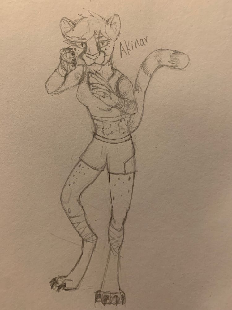 Drawing of Akinar a cheetah furry. She is in a forward pose.  

#akinar #furryart #traditionalart