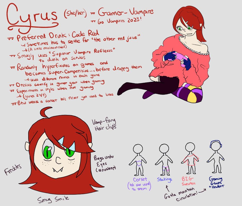 Character sheet for Cyrus, the Gamer-Vampire. Top right shows a sitting/relaxing pose with her in an oversized sweater and gaming. On the bottom left shows her face in detail, noting her vampire fang hair clip and freckles. Bottom right shows how she layers her clothes. 

Top left is a list of various character details.
