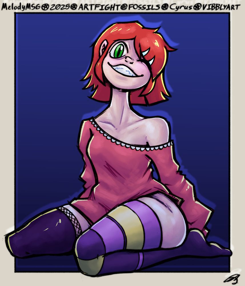 A red haired green eyed vampire girl with a gremlin like grin winking. She is sitting leaning back slightly on her knees. She is wearing missmatched stockings and an oversized sweater, showing her shouder and thigh.

#Cyrus #GamerGirl #vampire #teamfossils #artfight2025

Artist: https://artfight.net/~MelodyMSG
Artist Site: https://starpatch.studio/
Character: https://artfight.net/character/3878803.cyrus