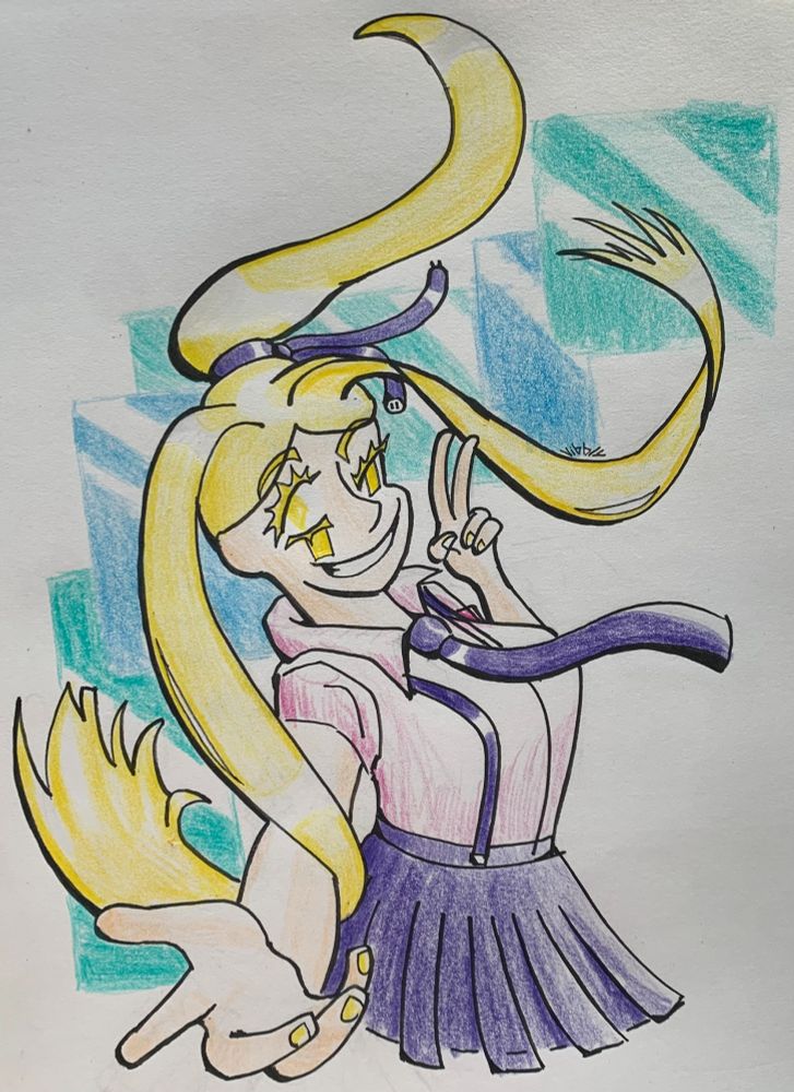 A blond haired girl with a cheeky smile reaches out to the screen with one hand and makes a V signw ith her fingers with the other. Her hair floats all over the page. She is wearing a shirt and skirt.

Owner: https://artfight.net/~PostureSunday
Character: https://artfight.net/character/5742599.elektra
Link: https://artfight.net/attack/11946077.offer-of-adventure