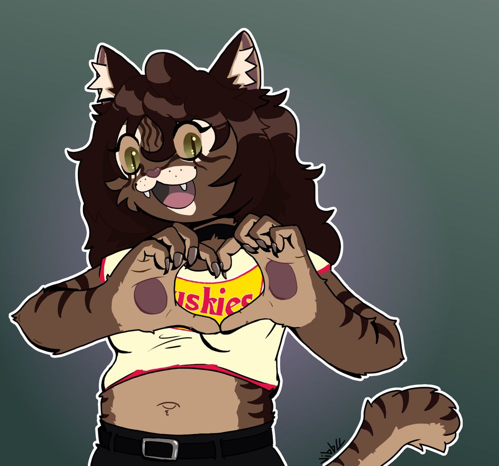 Bust up shot of an Anthro Cat making a heart sign with her hands and smiling. #artfight2025 attack.

#FurryArt #DigitalArt

Attack: https://artfight.net/attack/12748606.happy-sammi
Owner: https://artfight.net/~shyhorrors
Character:  https://artfight.net/character/6318915.sammi