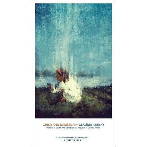 An art print of Claudia Atieno's "Child and Damselfly" from the Karikari Contemporary Gallery. The sky is a blend of blue and white rising vertically into the sky. A child is squatting on dark ground, looking at a damselfly perched on her right hand.