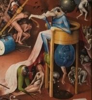 Blue guy with a beak sits in a tall chair with a pile of bodies below him.  He has a beak which he is holding on with his hand.  Below him is what looks like somebody tried to draw a frog if they had never seen one before, over a woman’s inanimate body.