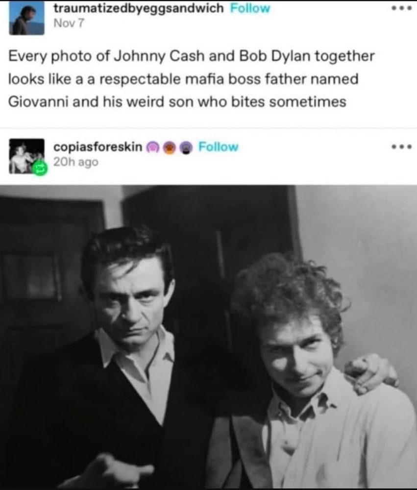 Picture of Johnny Cash and Bob Dylan with the caption "Every photo of Johnny Cash and Bob Dylan together looks like a a respectable mafia boss father named Giovanni and his weird son who bites sometimes"