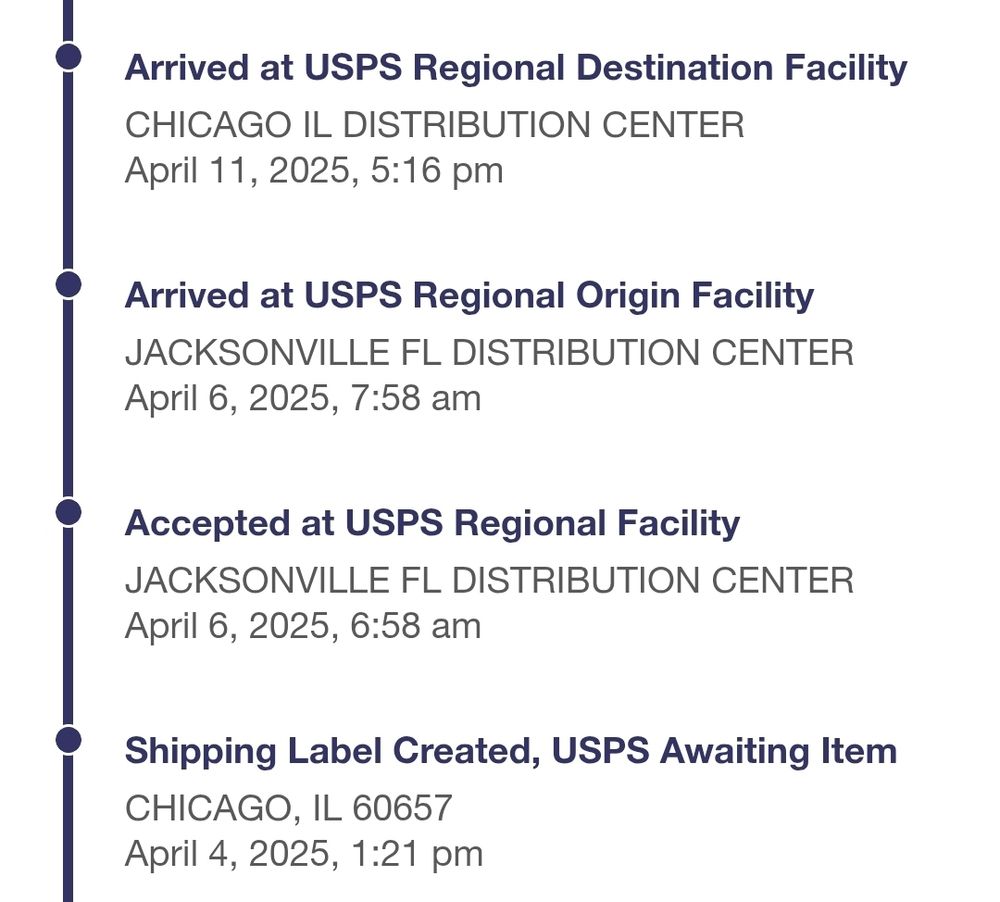 Screenshot of USPS tracking website that reads:

Arrived at USPS Regional Destination Facility
CHICAGO IL DISTRIBUTION CENTER
April 11, 2025, 5:16 pm


Arrived at USPS Regional Origin Facility
JACKSONVILLE FL DISTRIBUTION CENTER
April 6, 2025, 7:58 am


Accepted at USPS Regional Facility
JACKSONVILLE FL DISTRIBUTION CENTER
April 6, 2025, 6:58 am


Shipping Label Created, USPS Awaiting Item
CHICAGO, IL 60657
April 4, 2025, 1:21 pm