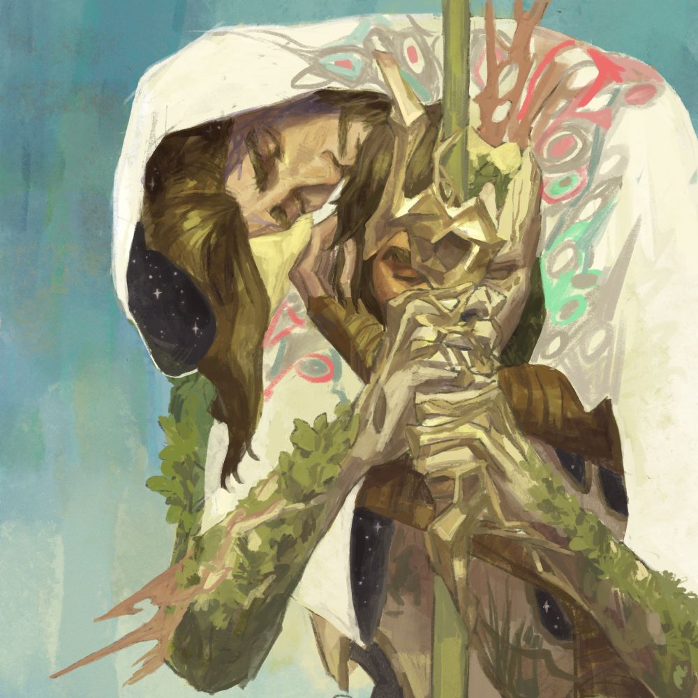 A drawing of old mage Viktor cuddling Jayce’s statue in his arms and gently kissing him. The part of Jayce where Viktor’s lips touch seems to be Jayce in his flesh but not stones of the statue, even though the rest of him remains mutated by the wild runes.