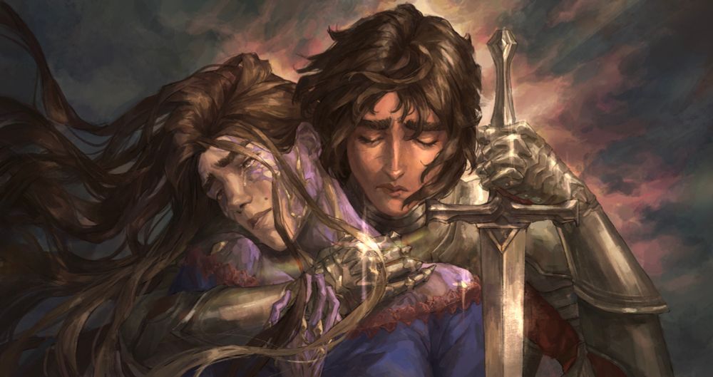 A drawing of Jayce hugging Viktor with her right arm, Viktor leaning her head to the opposite of Jayce’s side, with one tear running down her cheek and her hair flying in the air. Jayce shuts her eyes tight and appears to be in agony. She is in armor and holds her sword down with her left hand.