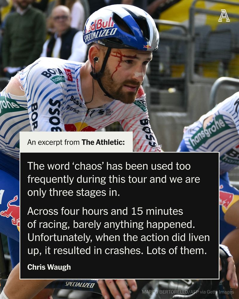 Red Bull - BORA - hansgrohe team's Belgian rider Jordi Meeus crosses the finish line, with visible injuries after suffering a crash in the final kilometres of the 3rd stage of the 112th edition of the Tour de France cycling race, 178.3 km between Valenciennes and Dunkerque (Dunkirk), Northern France, on July 7, 2025.