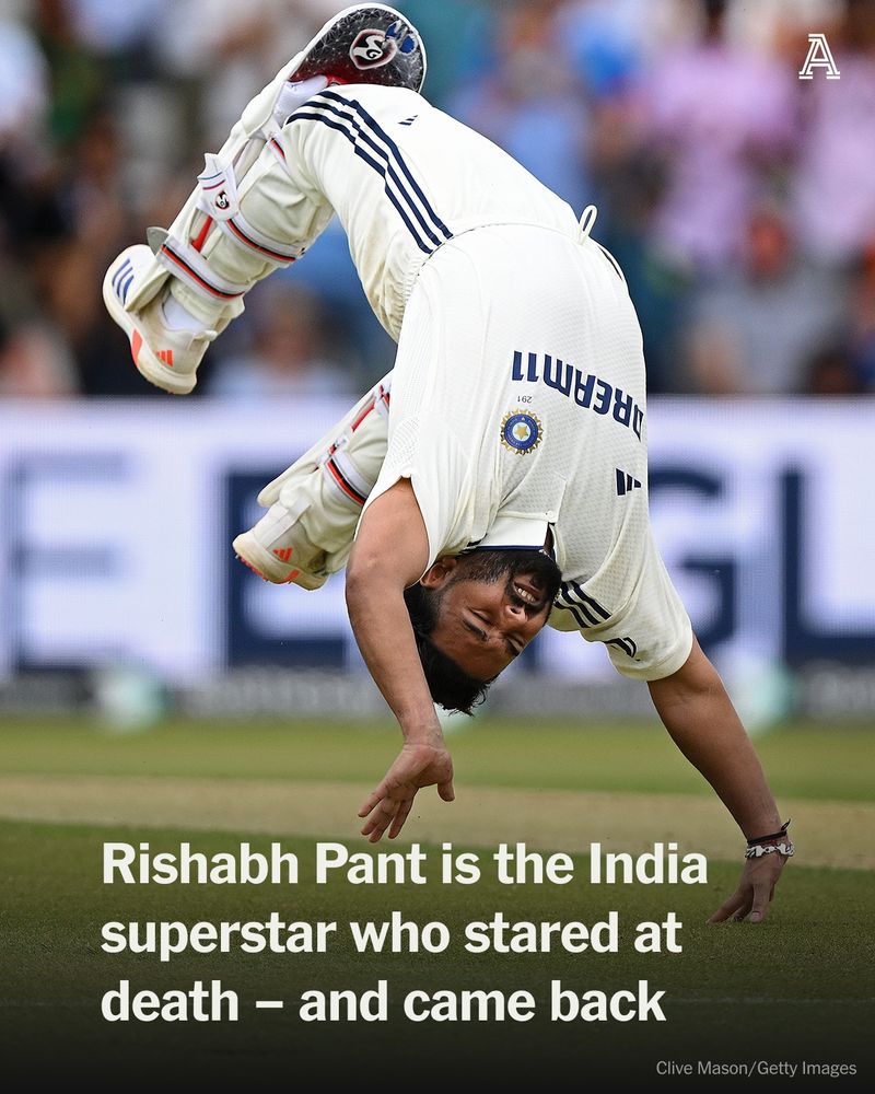 Rishabh Pant of India celebrates reaching his century with a somersault during Day Two of the 1st Rothesay Test Match between England and India at Headingley on June 21, 2025 in Leeds, England. 