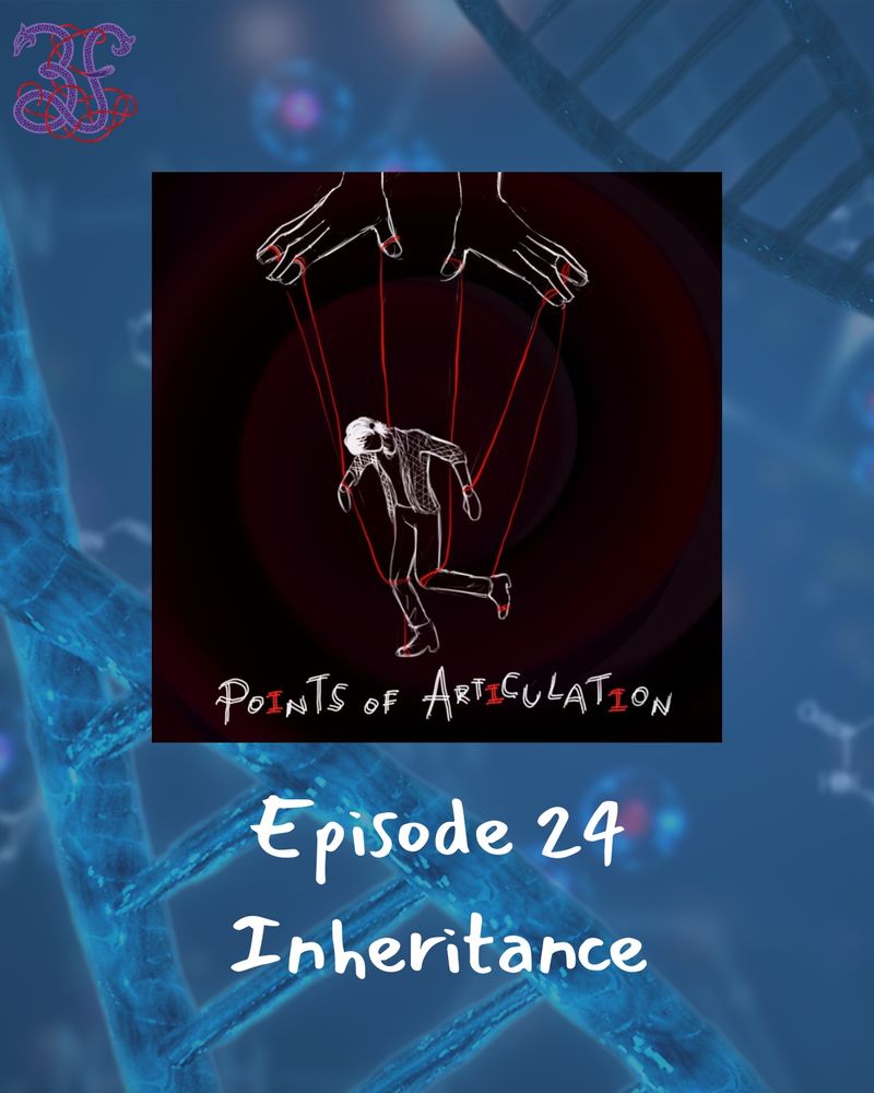 Blue DNA helixes in the background. The cover art is in the middle with a marionette being held by red string. The three fates logo is in the upper left corner: a purple 3 and a purple F joined by red string. 