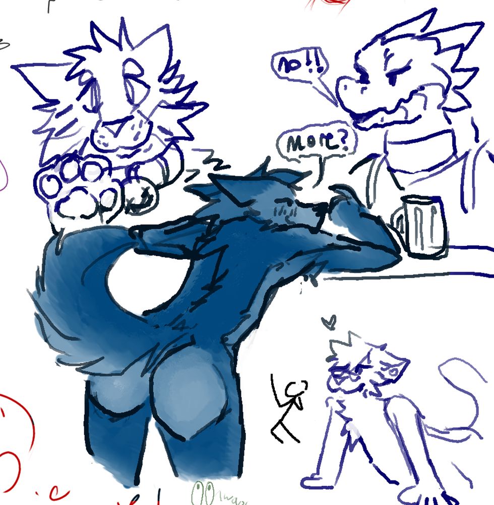 sketch drawing of a dragon bartender and a drunken blue wolf asking for more, the bartender denies him while a cat boy admires him from below