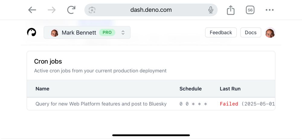 A screenshot showing a failed Deno Deploy cronjob.