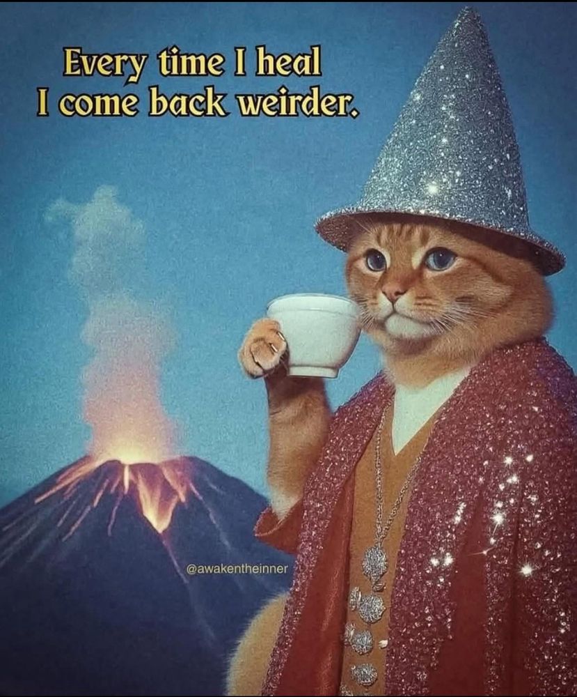 A picture of a cat dressed as a wizard drinking tea or coffee sipping lackadaisically next to a volcano staring off with the words written,  

“Every time I heal I come back weirder.”
Credit @awakentheinner

Just gorgeous art truly 🥹🥲