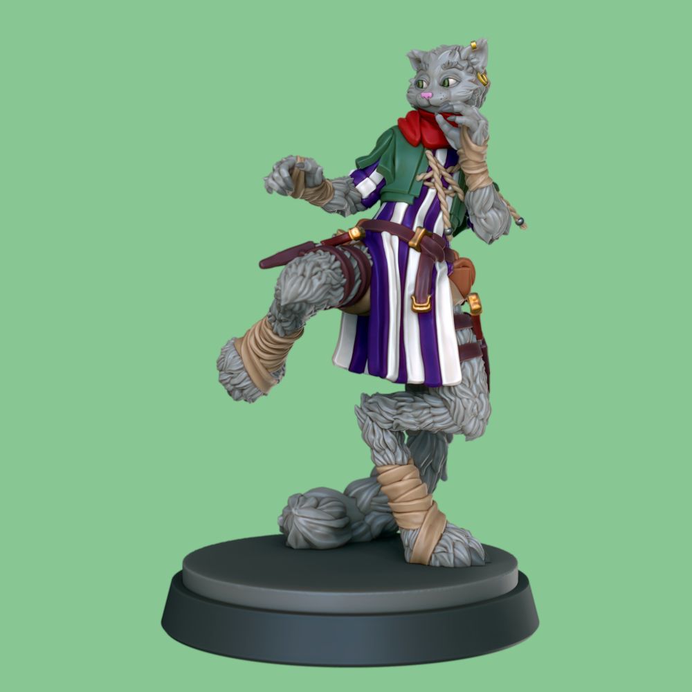 On a light green background, a colorful render of a 3d model depicting a ttrpg character: a gray tabaxi monk wearing a bandit-like garb, in a fighting stance.