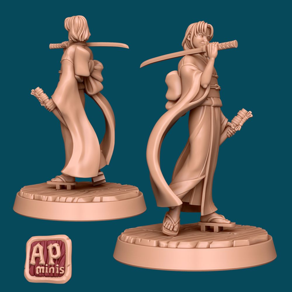 On a teal background, a wax-colored render of a 3d model depicting a ttrpg character: a femme fighter in a kimono with her katana drown.