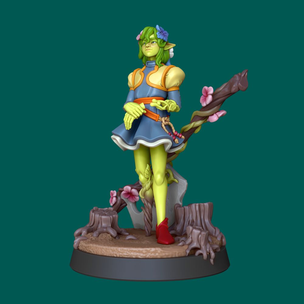 On an emerald background, a colorful render of a 3d model depicting a ttrpg character: an eladrin/dryad with a self-grown plant-like peg-leg in the process of reattaching their hand. They have their giant axe behind them, and tree stumps surrounding them. Their hair and their weapon are adorned with blooming flowers.