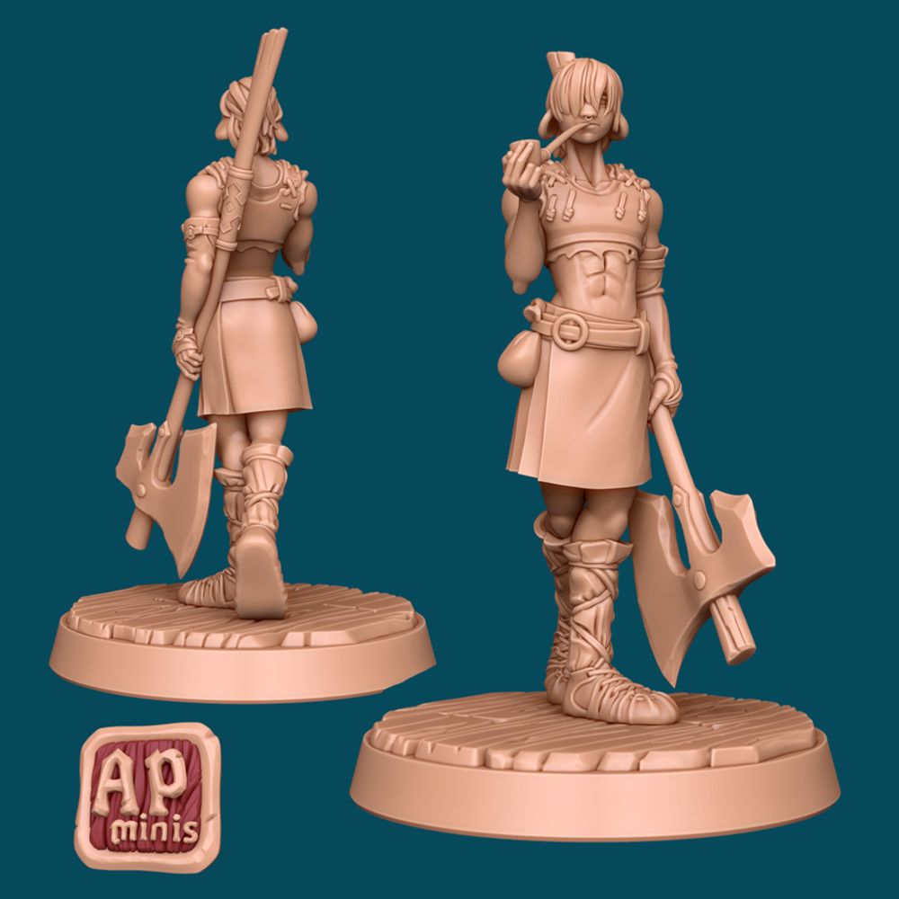 On a teal background, a wax-colored render of a 3d model depicting a ttrpg character: a shaggy firbolg barbarian smoking a pipe, while holding a giant axe in their left hand.