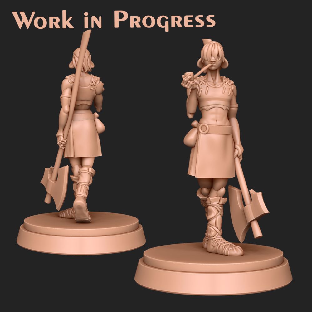On a dark grey background, a wax-colored render of an unfinished 3d model depicting a ttrpg character: a shaggy firbolg barbarian smoking a pipe.